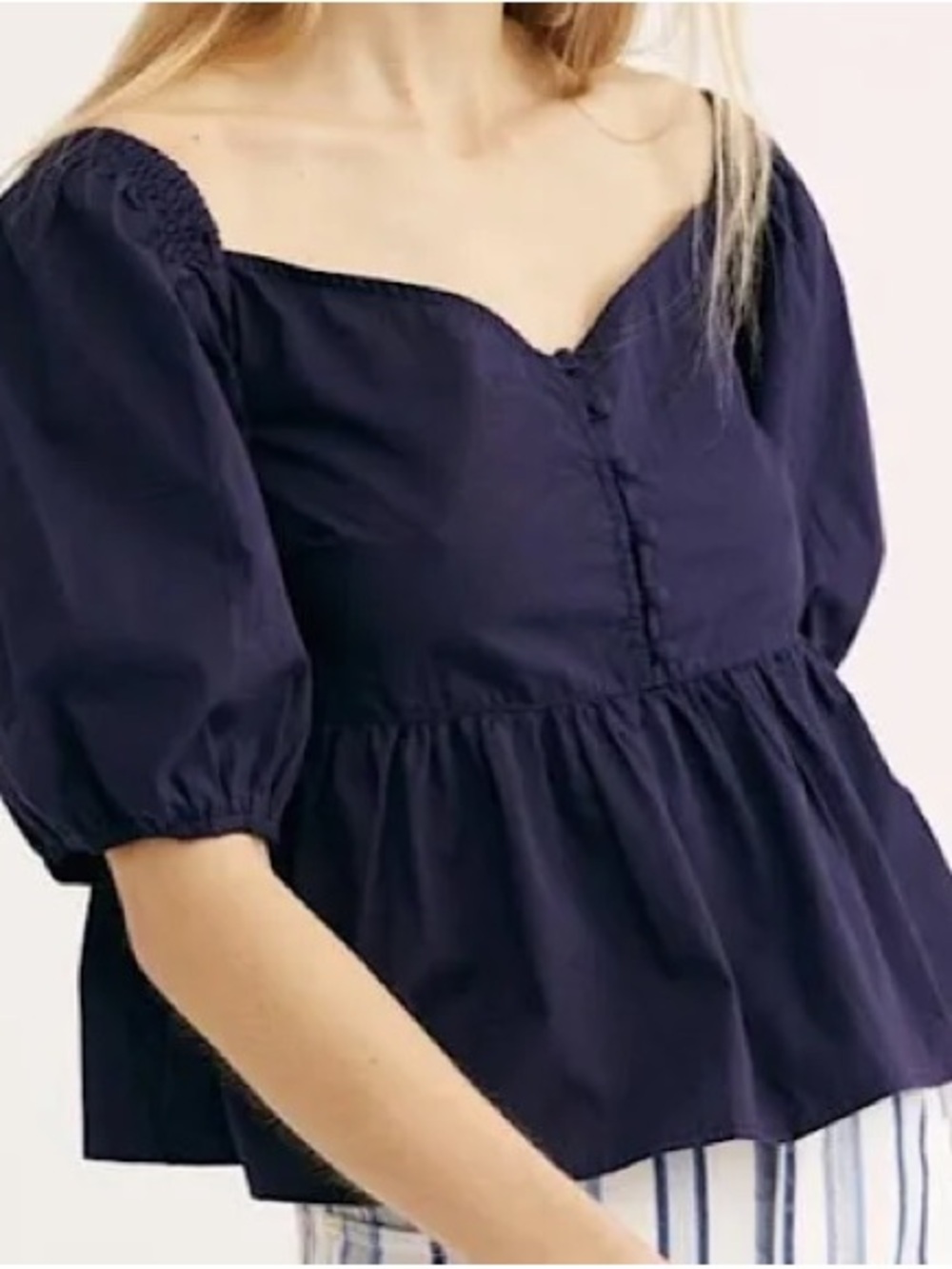 Free People Veronica Sweetheart Neck Puff-Sleeve Peplum Top in Navy